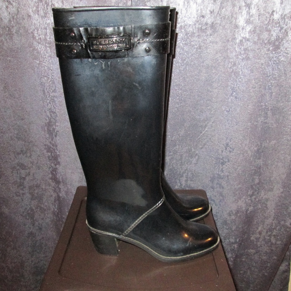 RARE Black Burberry Heeled Rain Boots 38/7 - Picture 2 of 5